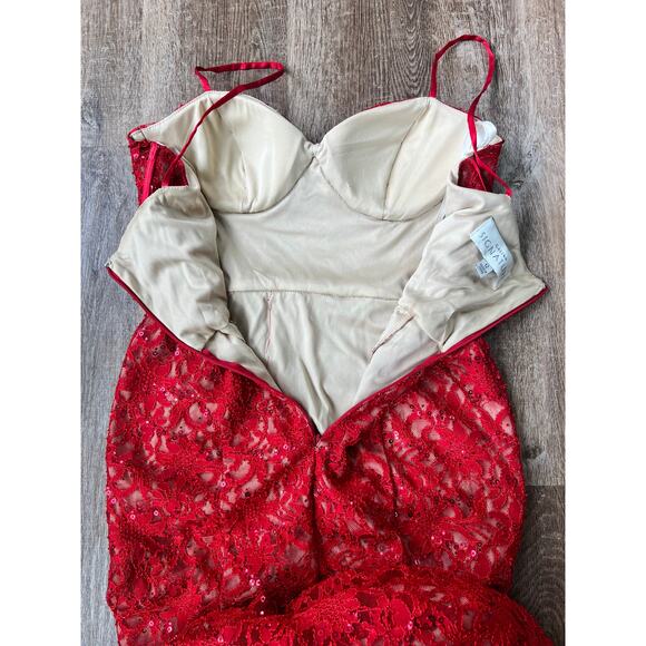 Galina Signature Dress Red Allover Lace Corset Sheath with Side Slit - Picture 9 of 9